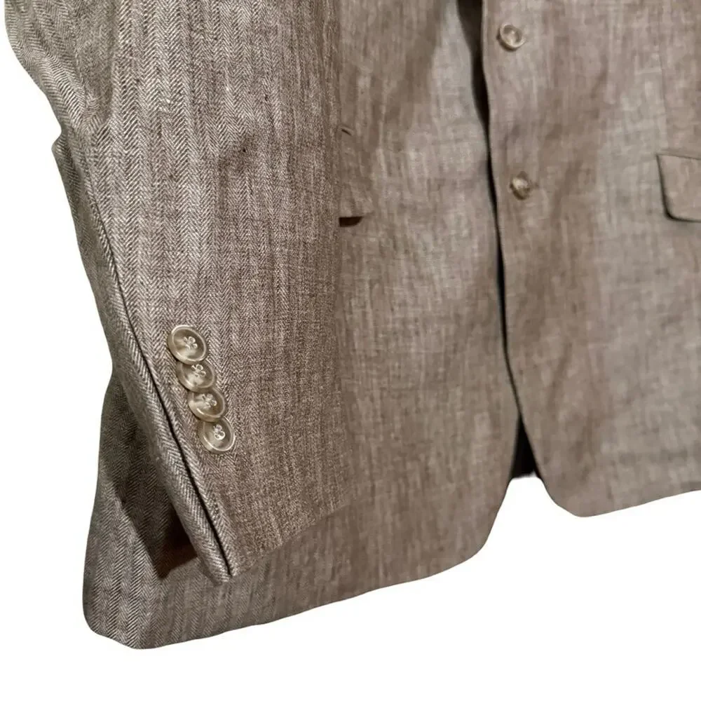 Jos A Bank 1905 Brown 100% Linen Herringbone Suit Jacket Blazer Mens sz 46 R